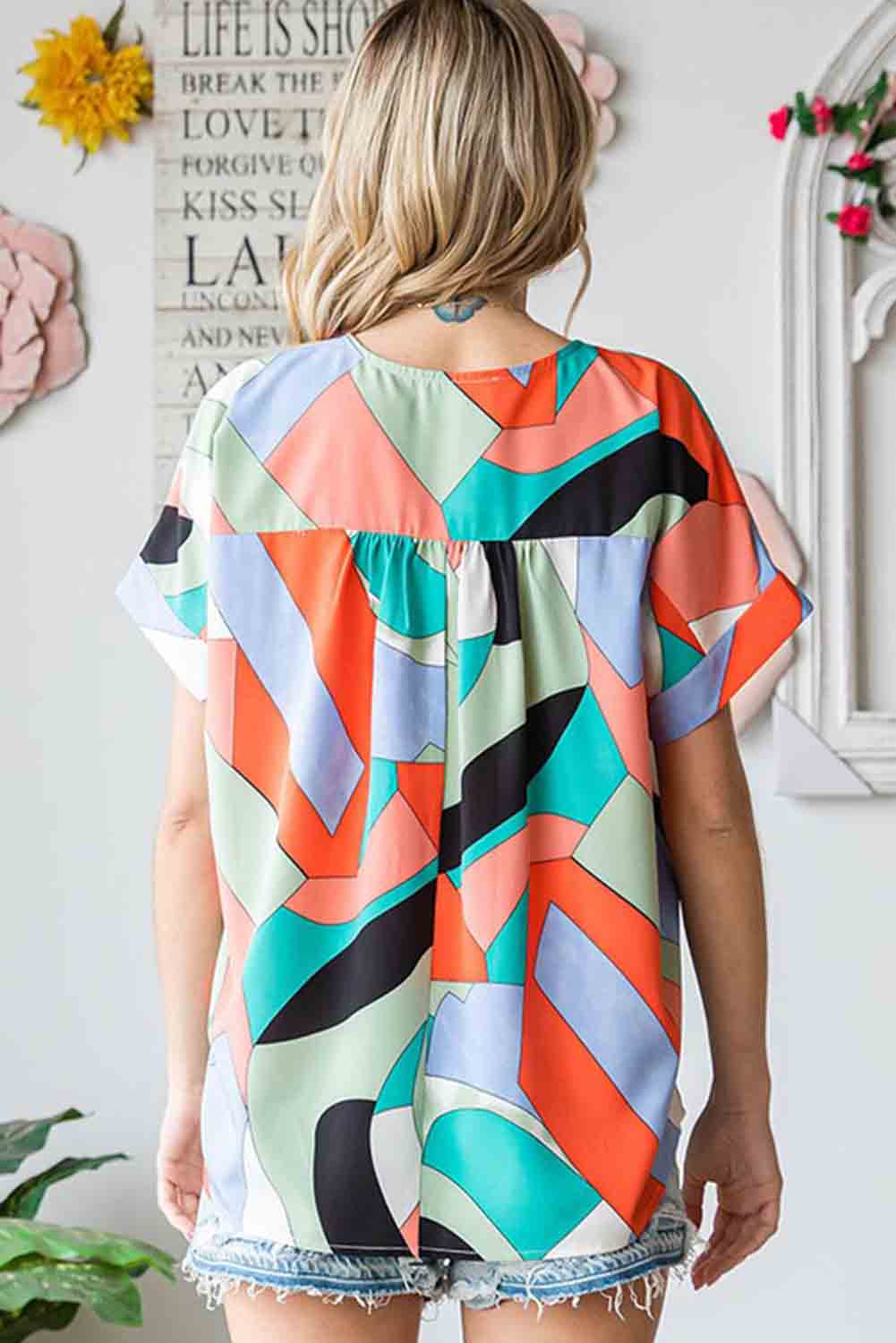 Multicolor Color Block Printed Short Sleeve Blouse