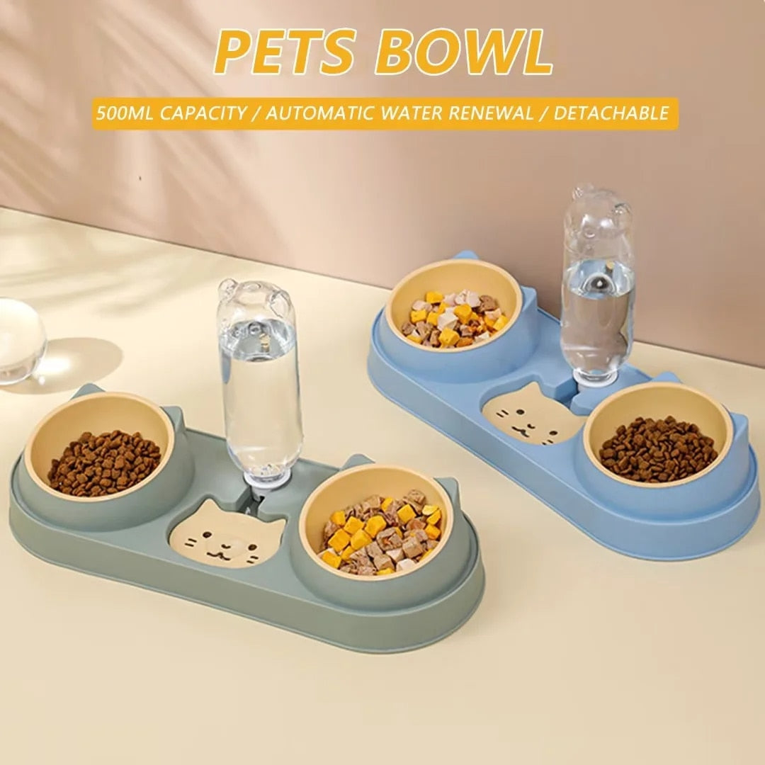Double Cat Bowls with Water Bottle
