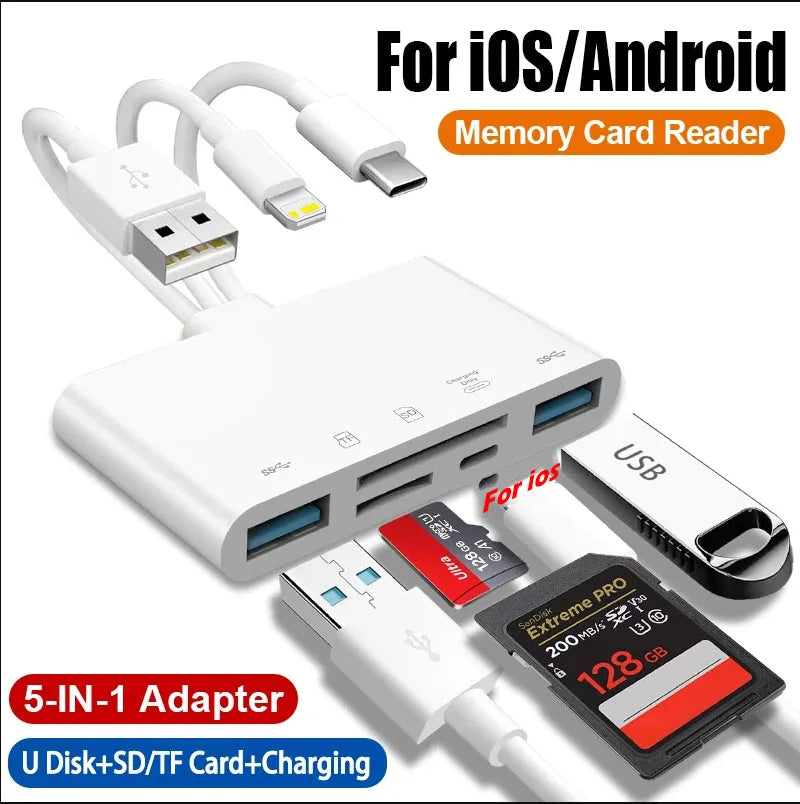 5 in 1 USB OTG Adapter with Charging Port for iPhone iPad Xiaomi Samsung Huawei MacBook