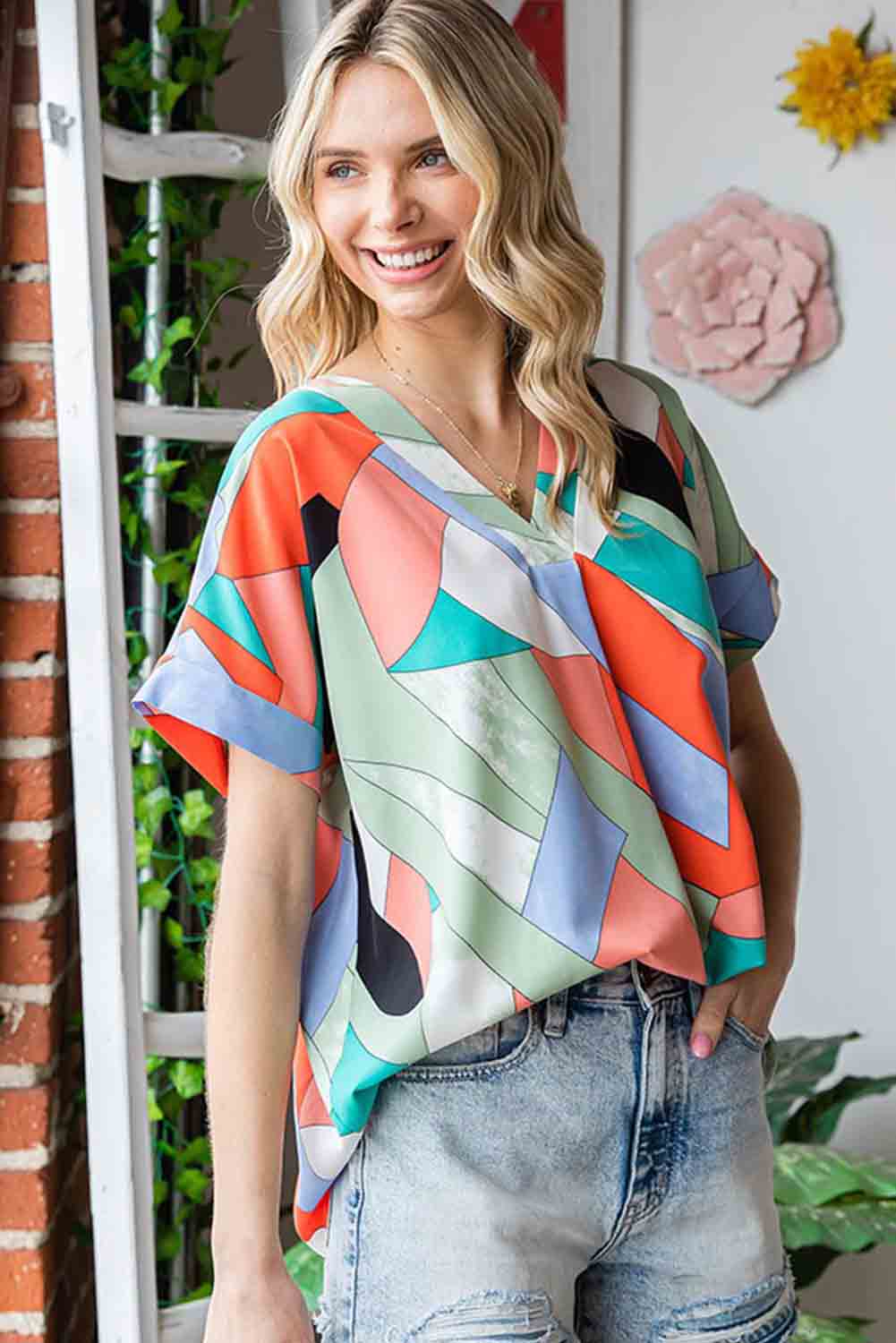 Multicolor Color Block Printed Short Sleeve Blouse